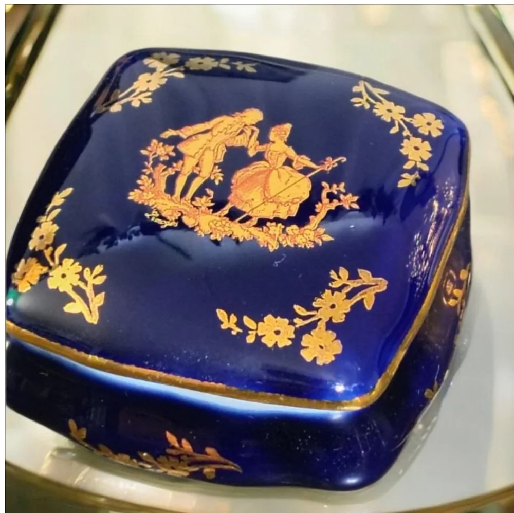 Vintage Limoges France Cobalt Blue & Gold Courting Couple Trinket Box